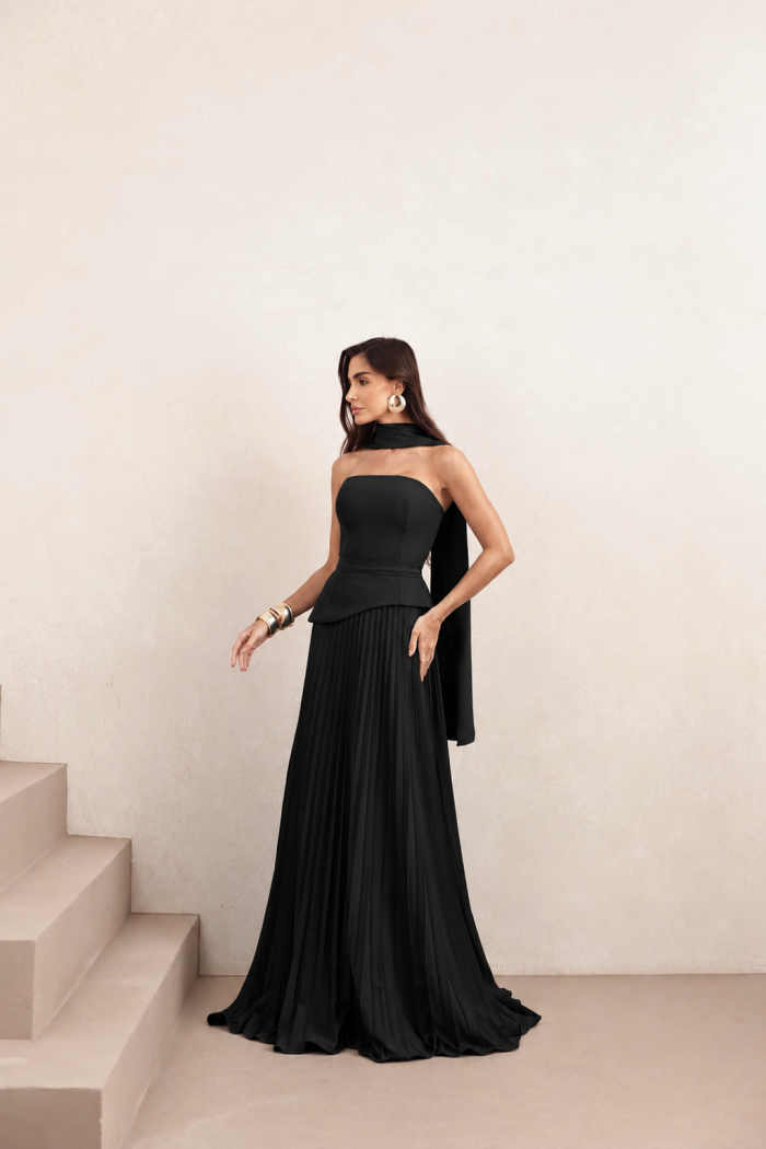VESTIDO DE FESTA MAITÊ SAIA PLISSADA CHOKER - PRETO