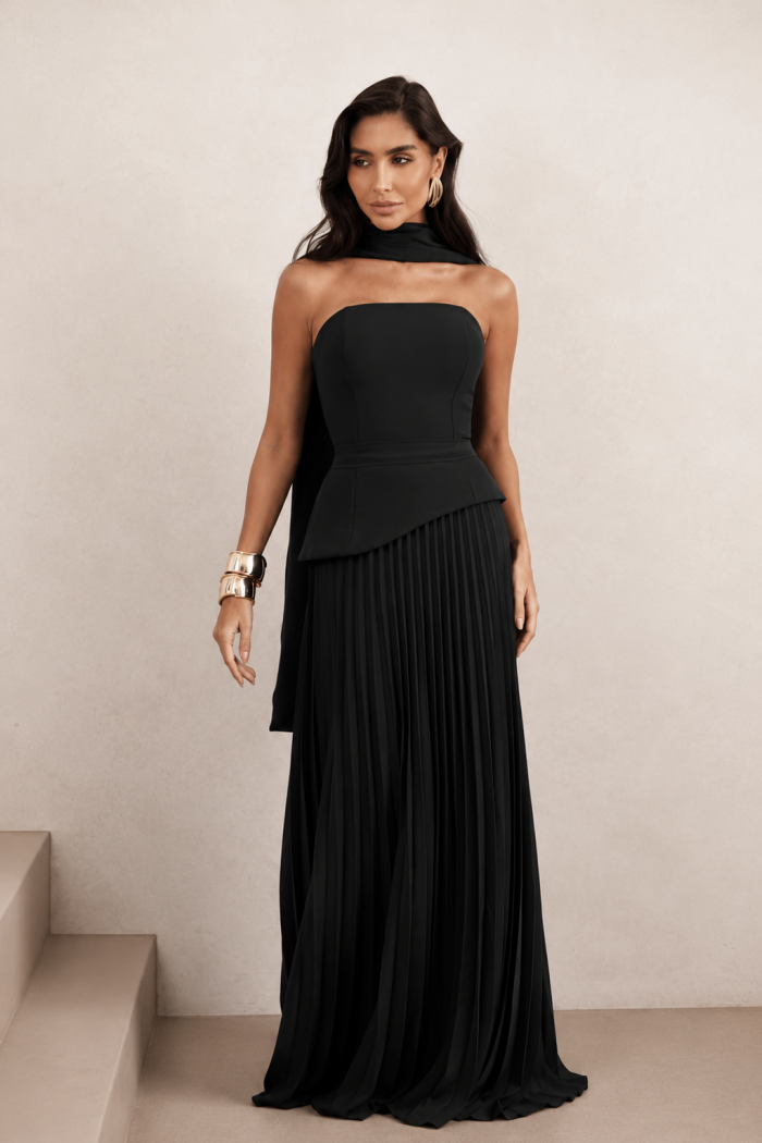 VESTIDO DE FESTA MAITÊ SAIA PLISSADA CHOKER - PRETO
