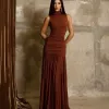 VESTIDO KATIA GOLA ALTA LONGO DRAPEADO - CHOCOLATE