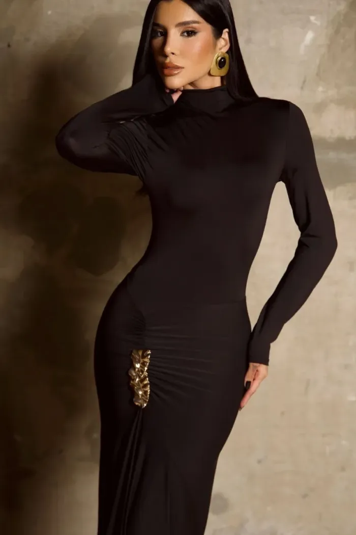 VESTIDO SUZANE MANGA LONGA DETALHE CINTURA - PRETO