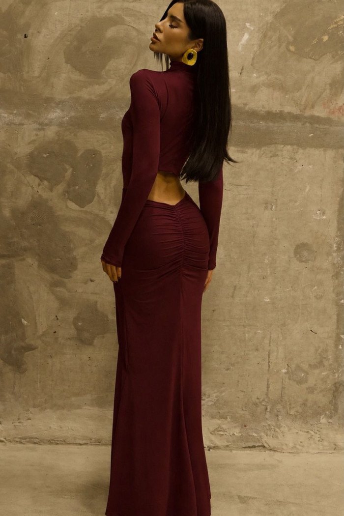 VESTIDO SUZANE MANGA LONGA DETALHE CINTURA - VINHO