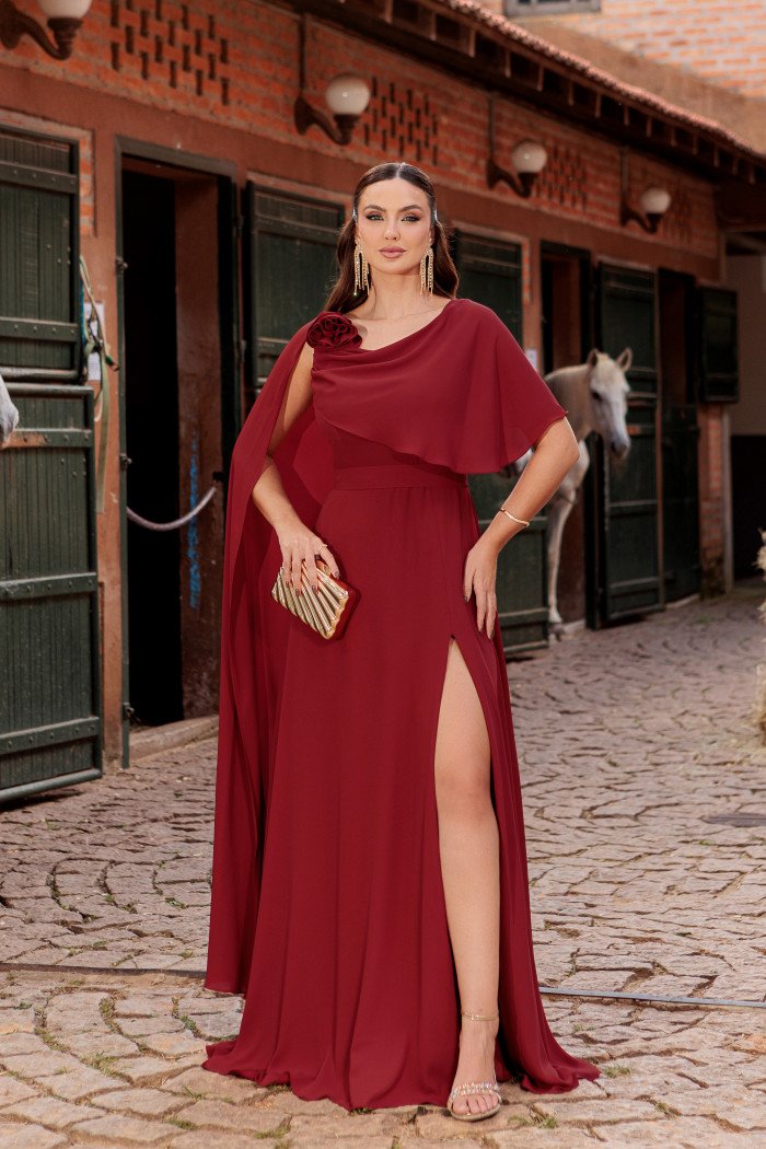 VESTIDO DE FESTA LONGO GARDEN DETALHE CAPA - MARSALA