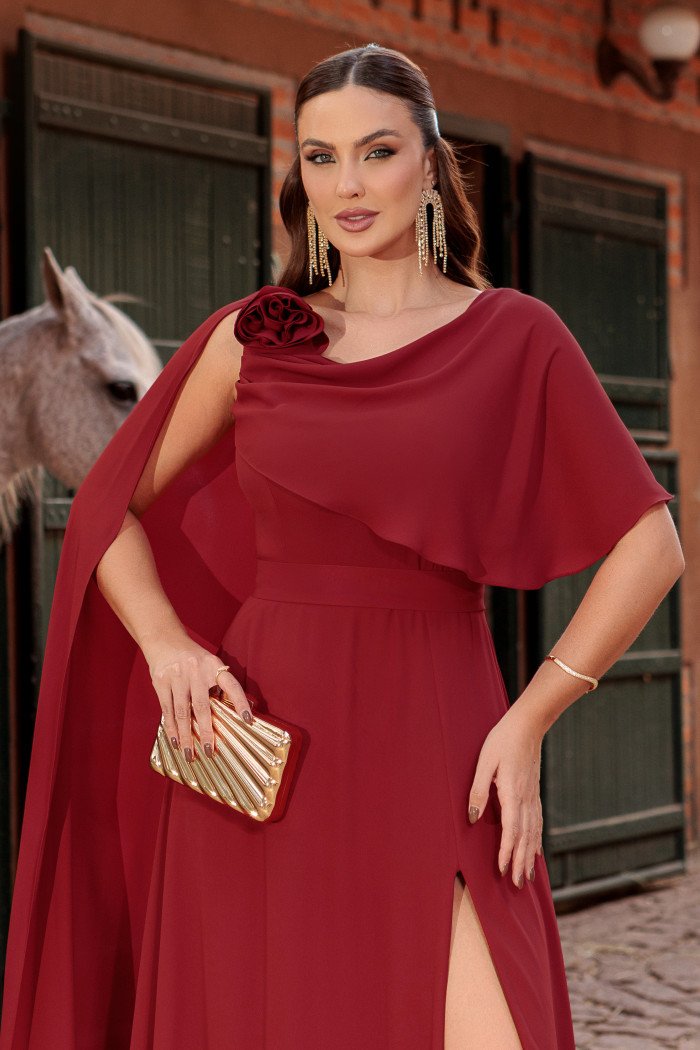 VESTIDO DE FESTA LONGO GARDEN DETALHE CAPA - MARSALA