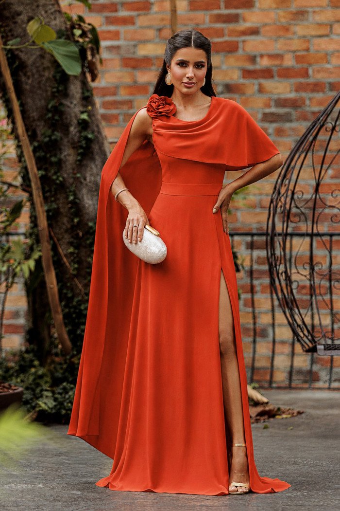VESTIDO DE FESTA LONGO GARDEN DETALHE CAPA - TERRACOTA