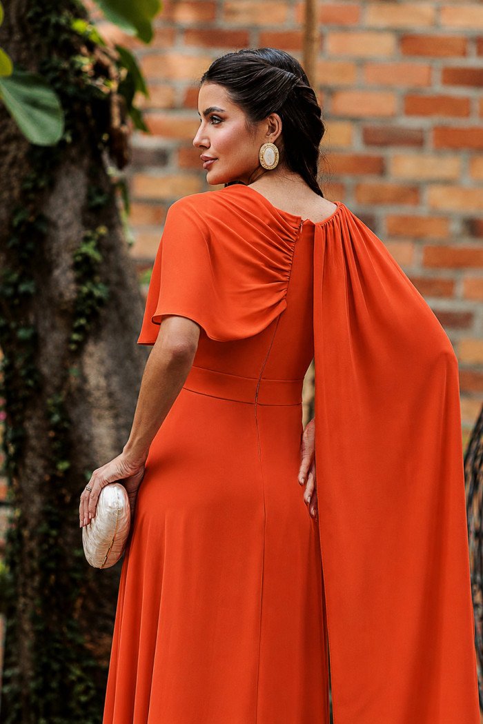 VESTIDO DE FESTA LONGO GARDEN DETALHE CAPA - TERRACOTA