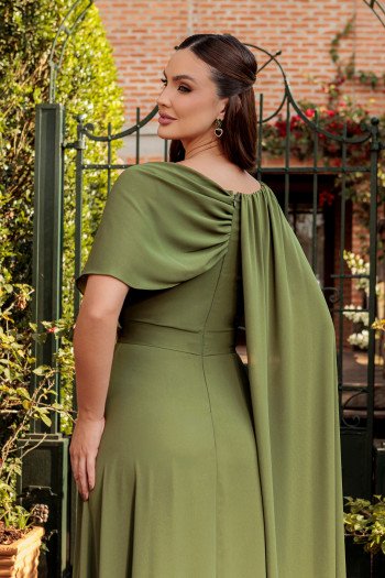 VESTIDO DE FESTA LONGO GARDEN DETALHE CAPA - VERDE OLIVA
