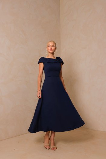 VESTIDO HILDA MIDI DETALHE FLOR - AZUL MARINHO