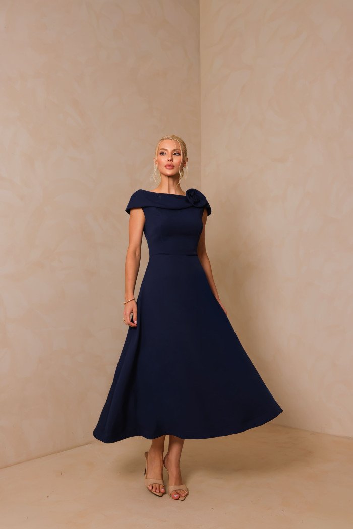 VESTIDO HILDA MIDI DETALHE FLOR - AZUL MARINHO