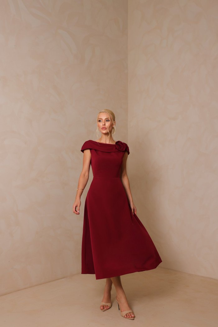 VESTIDO HILDA MIDI DETALHE FLOR - VINHO