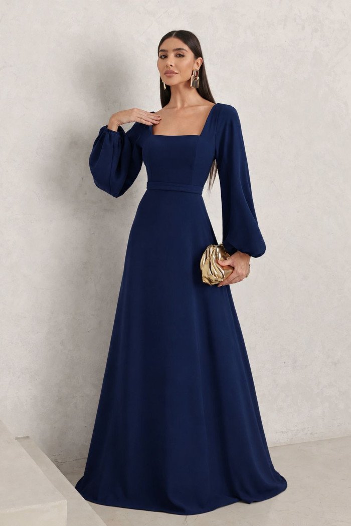 VESTIDO DE FESTA OLIMPIA MANGA LONGA - AZUL MARINHO