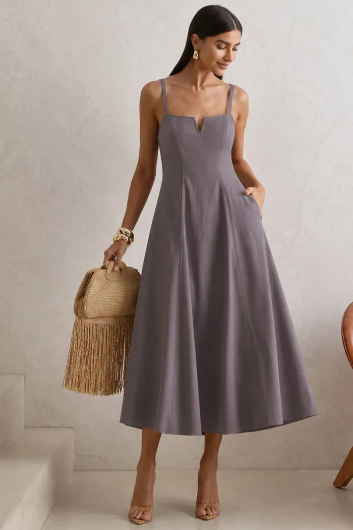 VESTIDO CAROL DECOTE V COM ALÇAS - CINZA