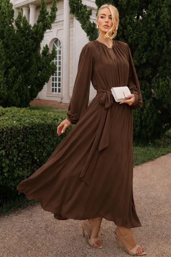VESTIDO LONGO DARA MANGA LONGA - MARROM