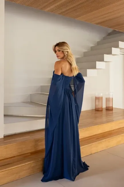 VESTIDO DE FESTA GRÉCIA T.Q.C CAUDA - AZUL BALTICO