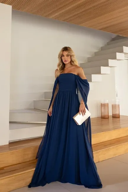 VESTIDO DE FESTA GRÉCIA T.Q.C CAUDA - AZUL BALTICO