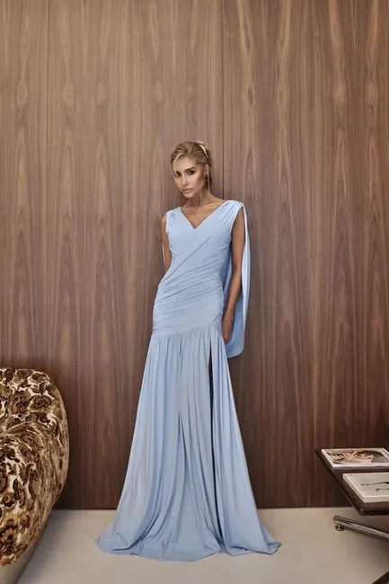 VESTIDO LAILA LONGO CAUDA COSTAS - AZUL SERENITY