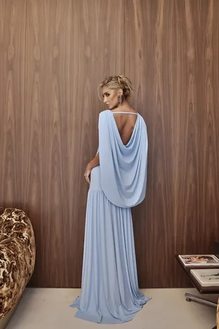 VESTIDO LAILA LONGO CAUDA COSTAS - AZUL SERENITY