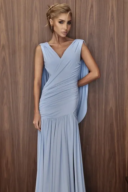 VESTIDO LAILA LONGO CAUDA COSTAS - AZUL SERENITY