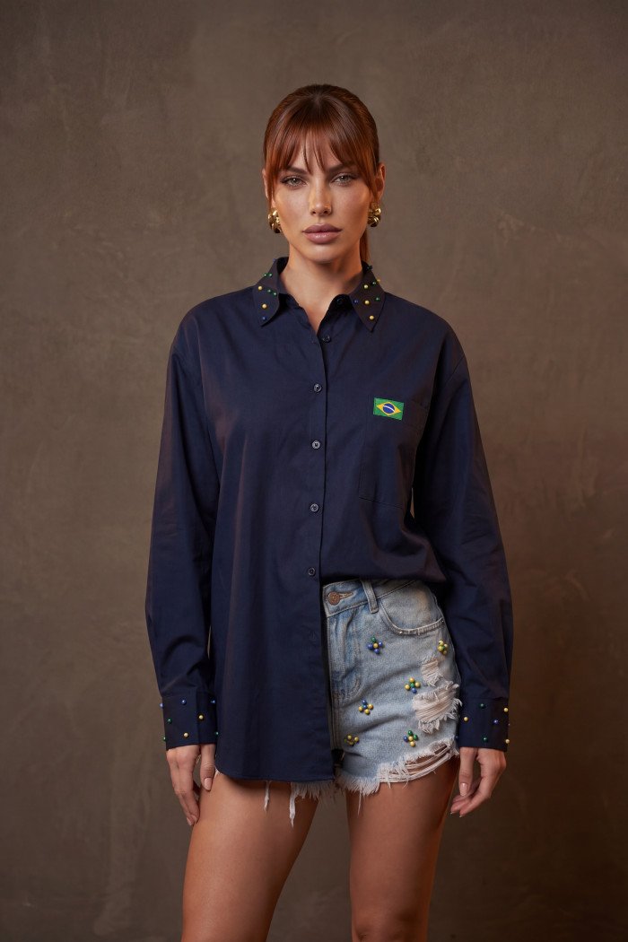 CAMISA VANESSA BORDADA COPA COLEÇÃO BRASIL CORE - AZUL MARINHO