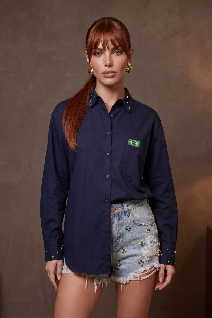 CAMISA VANESSA BORDADA COPA COLEÇÃO BRASIL CORE - AZUL MARINHO