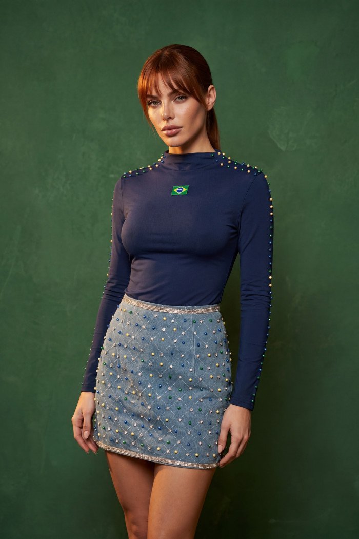 BLUSA DANIELA ML POLIAMIDA BORDADO COPA COLEÇÃO BRASILCORE - AZUL