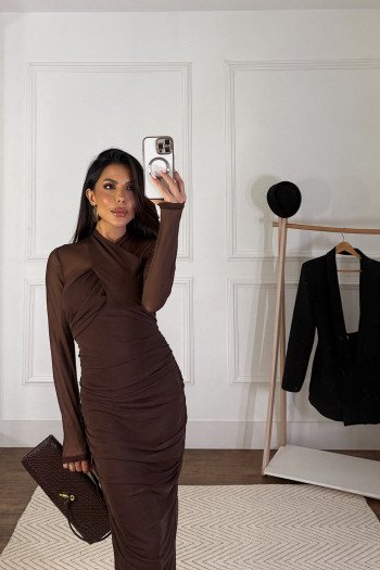 VESTIDO TAIS TULE TRANSPASSADO GLAMOROUS - MARROM