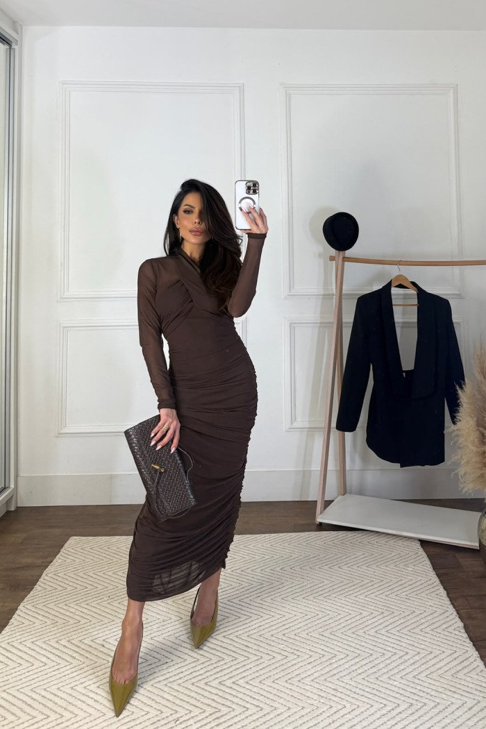 VESTIDO TAIS TULE TRANSPASSADO GLAMOROUS - MARROM