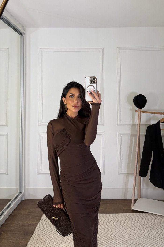 VESTIDO TAIS TULE TRANSPASSADO GLAMOROUS - MARROM