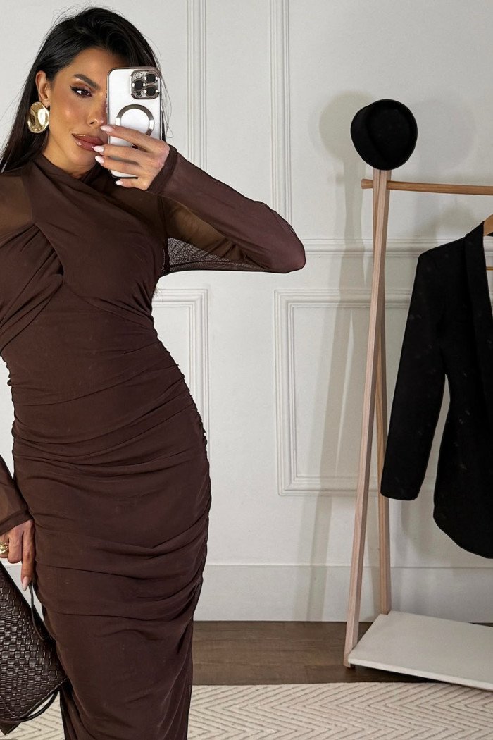 VESTIDO TAIS TULE TRANSPASSADO GLAMOROUS - MARROM