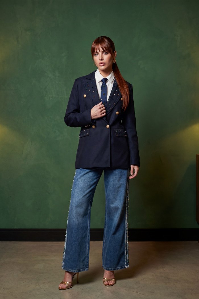 BLAZER TAYNARA ALFAIATARIA APLICAÇÕES COPA COLEÇÃO BRASILCORE - AZUL