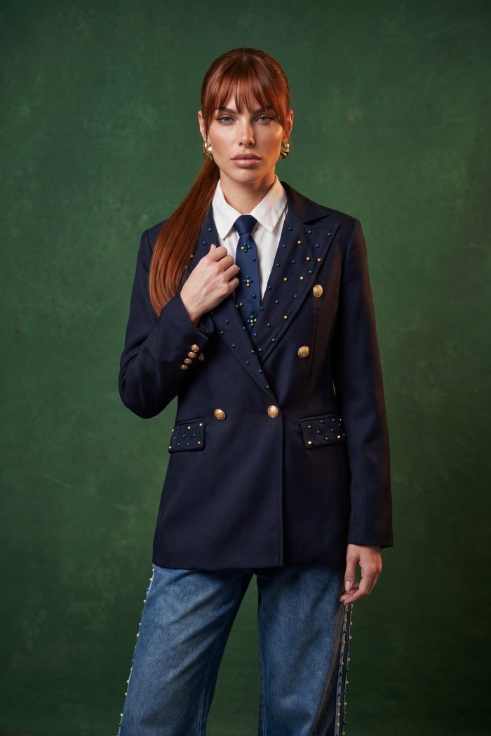 BLAZER TAYNARA ALFAIATARIA APLICAÇÕES COPA COLEÇÃO BRASILCORE - AZUL