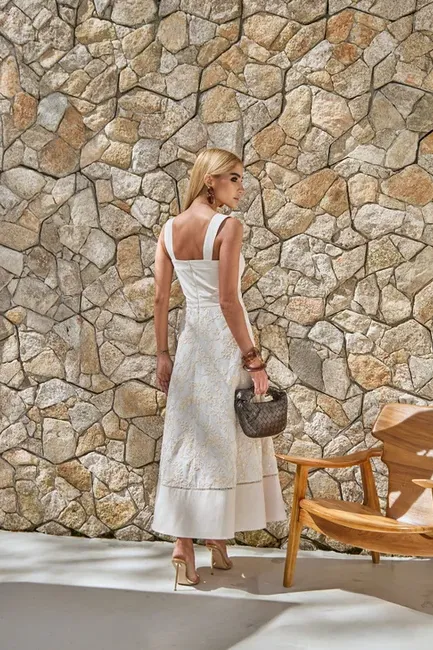 VESTIDO HORTÊNSIA MIDI RENDA BORDADA - NATURAL