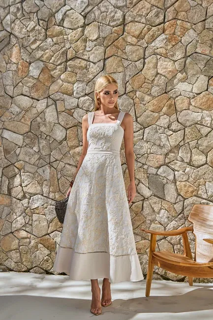 VESTIDO HORTÊNSIA MIDI RENDA BORDADA - NATURAL