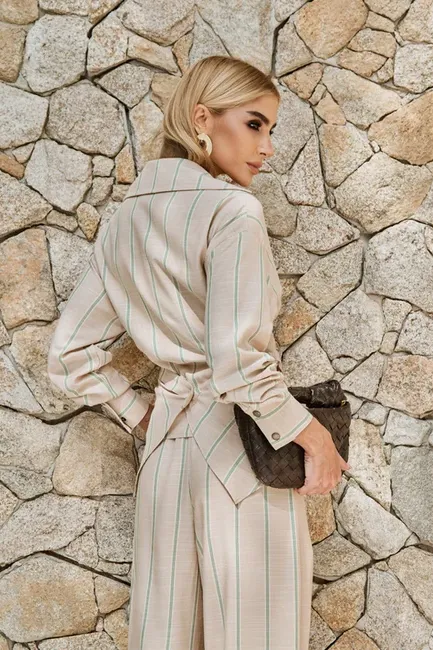CONJUNTO JULIANE BLUSA E CALÇA LISTRADO - BEGE