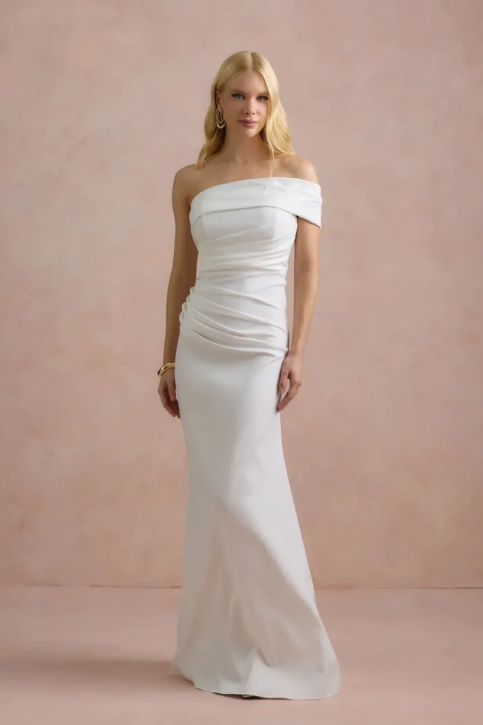 VESTIDO DE FESTA FABIANE ASSIMÉTRICO OMBRO - OFF WHITE