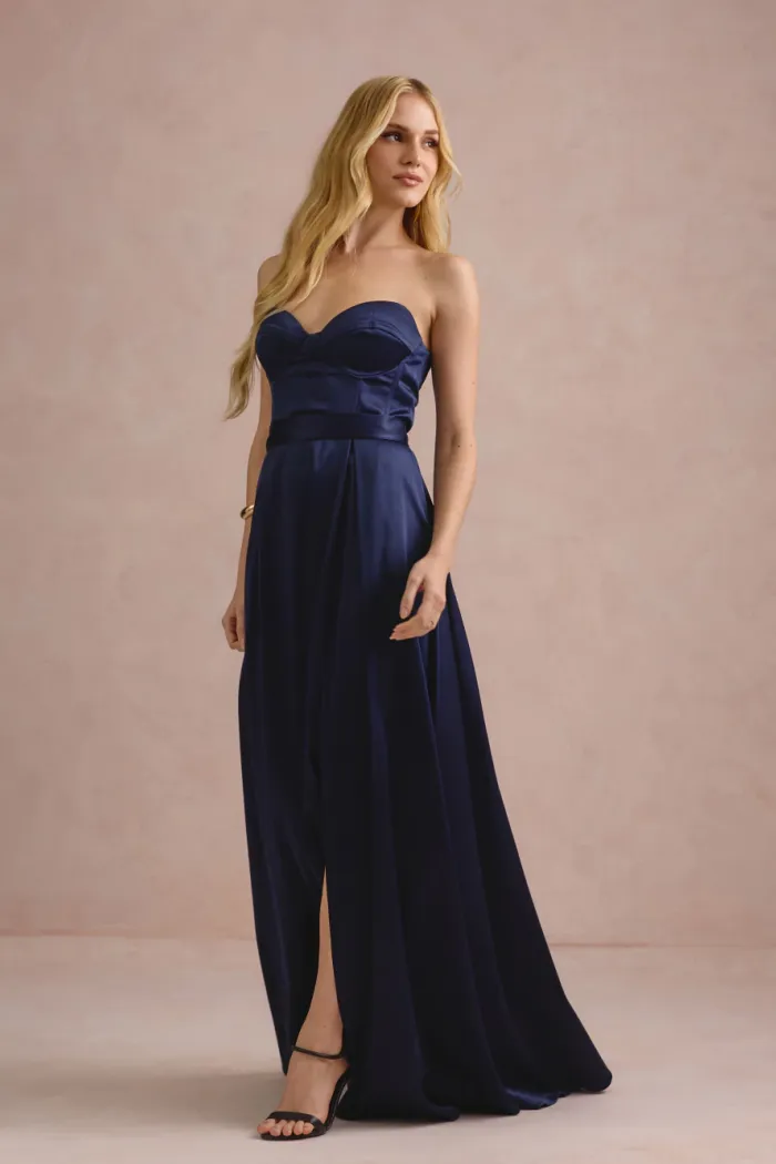 VESTIDO DE FESTA T.Q.C CORSET COM FAIXA LAÇO IVANA - AZUL MARINHO