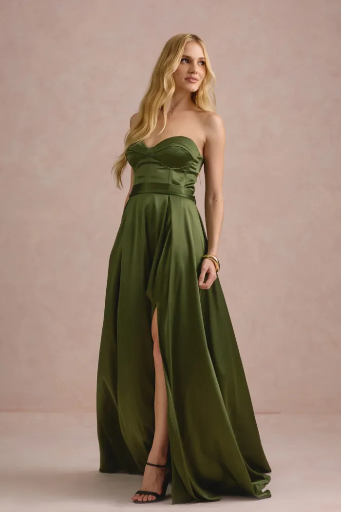 VESTIDO DE FESTA T.Q.C CORSET COM FAIXA LAÇO IVANA - VERDE OLIVA