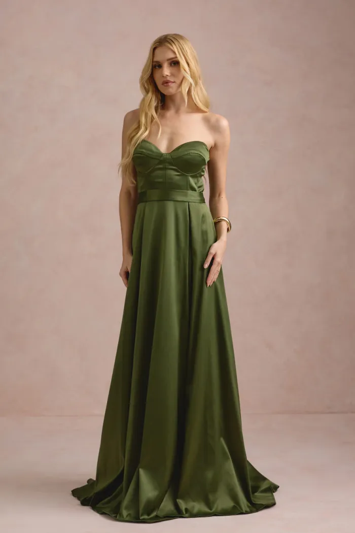 VESTIDO DE FESTA T.Q.C CORSET COM FAIXA LAÇO IVANA - VERDE OLIVA