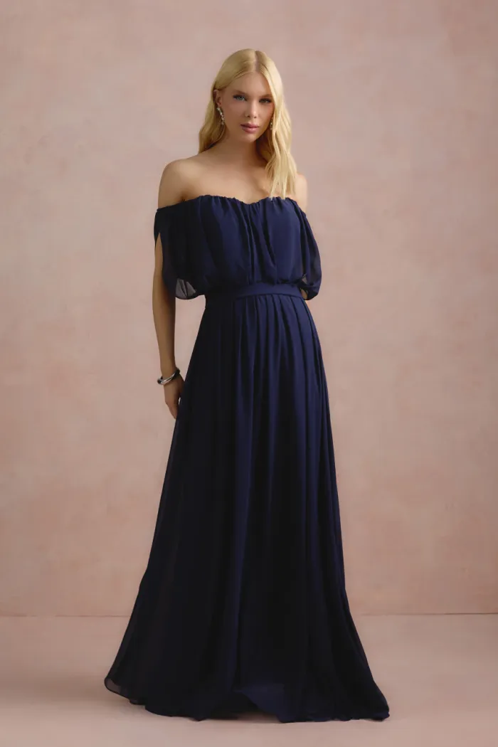 VESTIDO BIA OFF SHOULDER CHIFFON - AZUL MARINHO