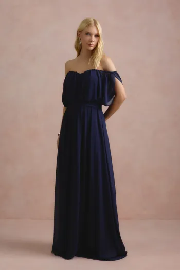 VESTIDO BIA OFF SHOULDER CHIFFON - AZUL MARINHO