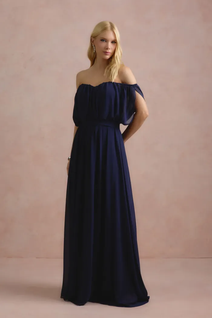 VESTIDO BIA OFF SHOULDER CHIFFON - AZUL MARINHO