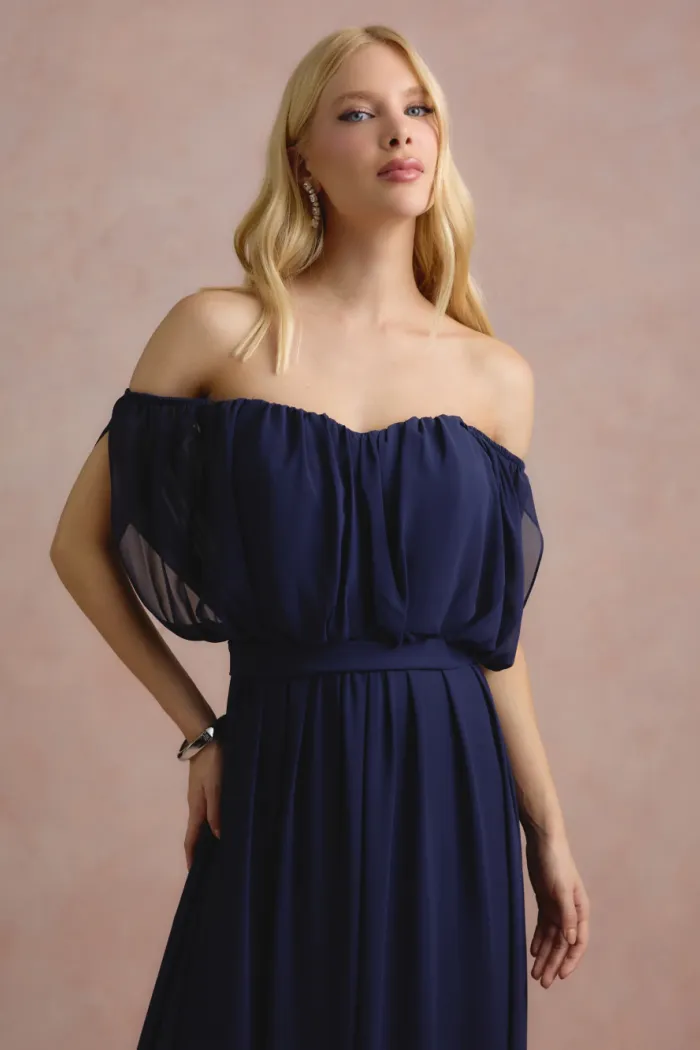 VESTIDO BIA OFF SHOULDER CHIFFON - AZUL MARINHO