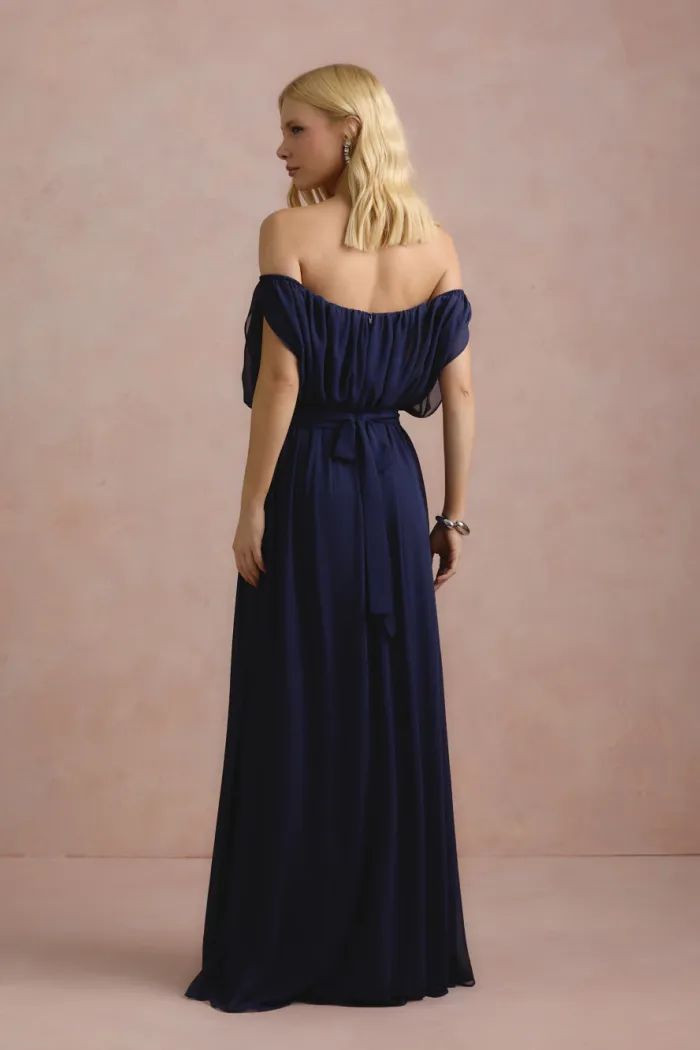 VESTIDO BIA OFF SHOULDER CHIFFON - AZUL MARINHO