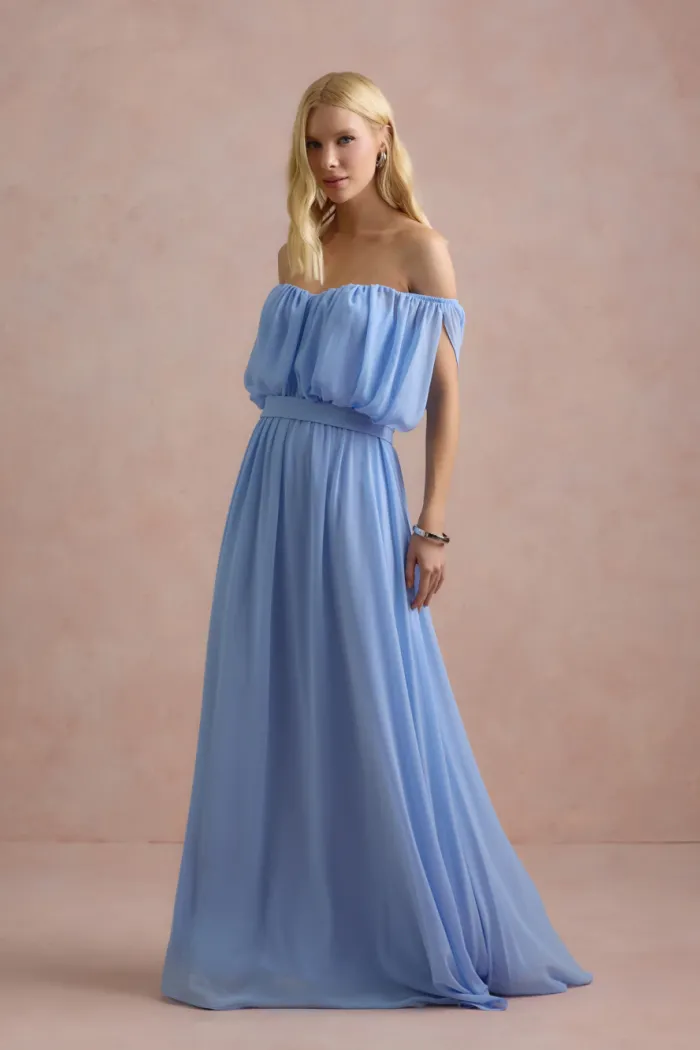 VESTIDO BIA OFF SHOULDER CHIFFON - AZUL SERENITY
