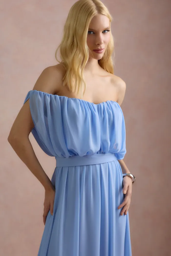 VESTIDO BIA OFF SHOULDER CHIFFON - AZUL SERENITY