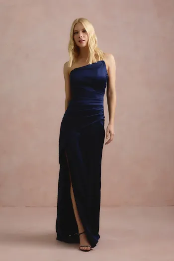 VESTIDO DE FESTA ITÁLIA T.Q.C PREGAS CINTURA - AZUL MARINHO