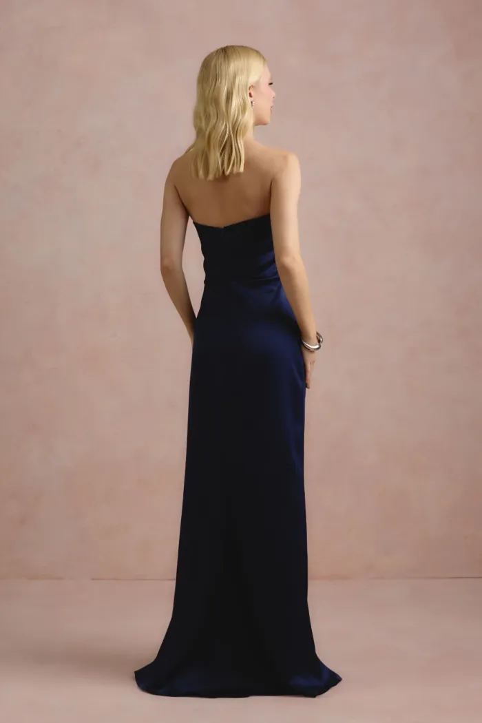 VESTIDO DE FESTA ITÁLIA T.Q.C PREGAS CINTURA - AZUL MARINHO