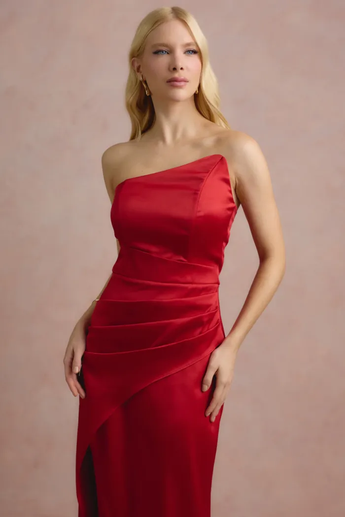 VESTIDO DE FESTA ITÁLIA T.Q.C PREGAS CINTURA - VERMELHO