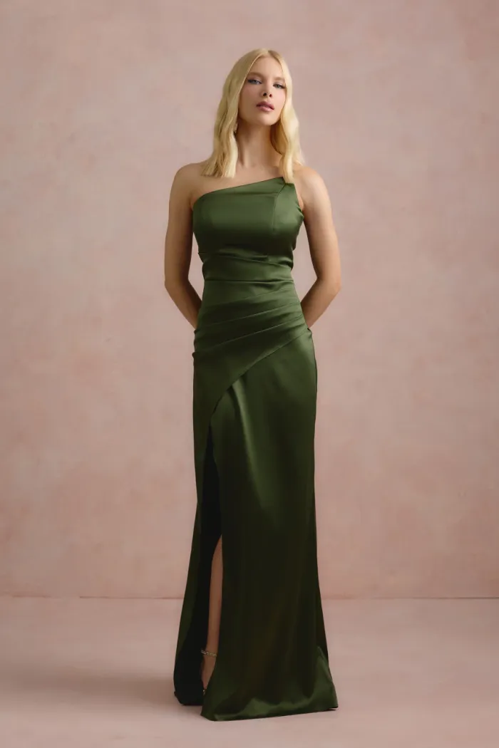 VESTIDO DE FESTA ITÁLIA T.Q.C PREGAS CINTURA - VERDE OLIVA