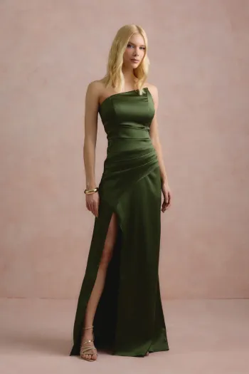 VESTIDO DE FESTA ITÁLIA T.Q.C PREGAS CINTURA - VERDE OLIVA