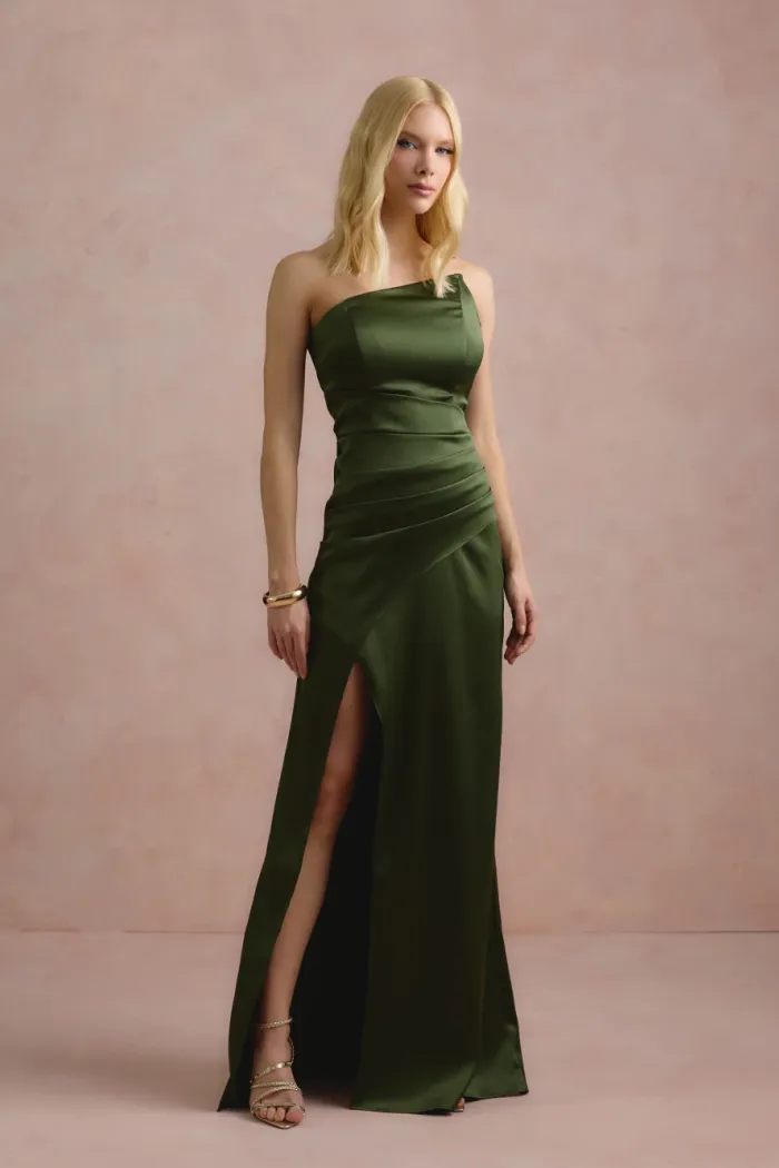 VESTIDO DE FESTA ITÁLIA T.Q.C PREGAS CINTURA - VERDE OLIVA